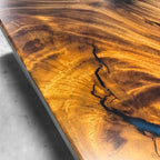 Custom made blue epoxy river solid natural wood dining table for 8 seats
