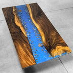 Stylish dining table with blue resin river natural pebbles rocks leaf handmade table for 6-8 people - MOOKA FURNITURE