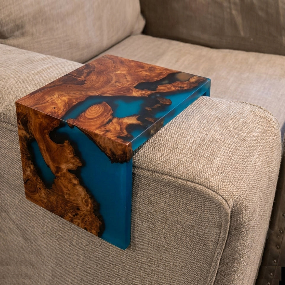Handmade exotic burl  wood sofa armrest tray  waterfall design couch cup holder best gift for the one you love