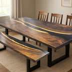 Luxury brown wood with black epoxy river table dining table set with bench - MOOKA FURNITURE