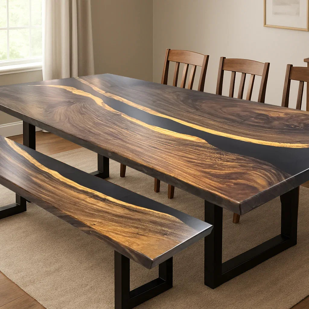 Luxury brown wood with black epoxy river table dining table set with bench - MOOKA FURNITURE