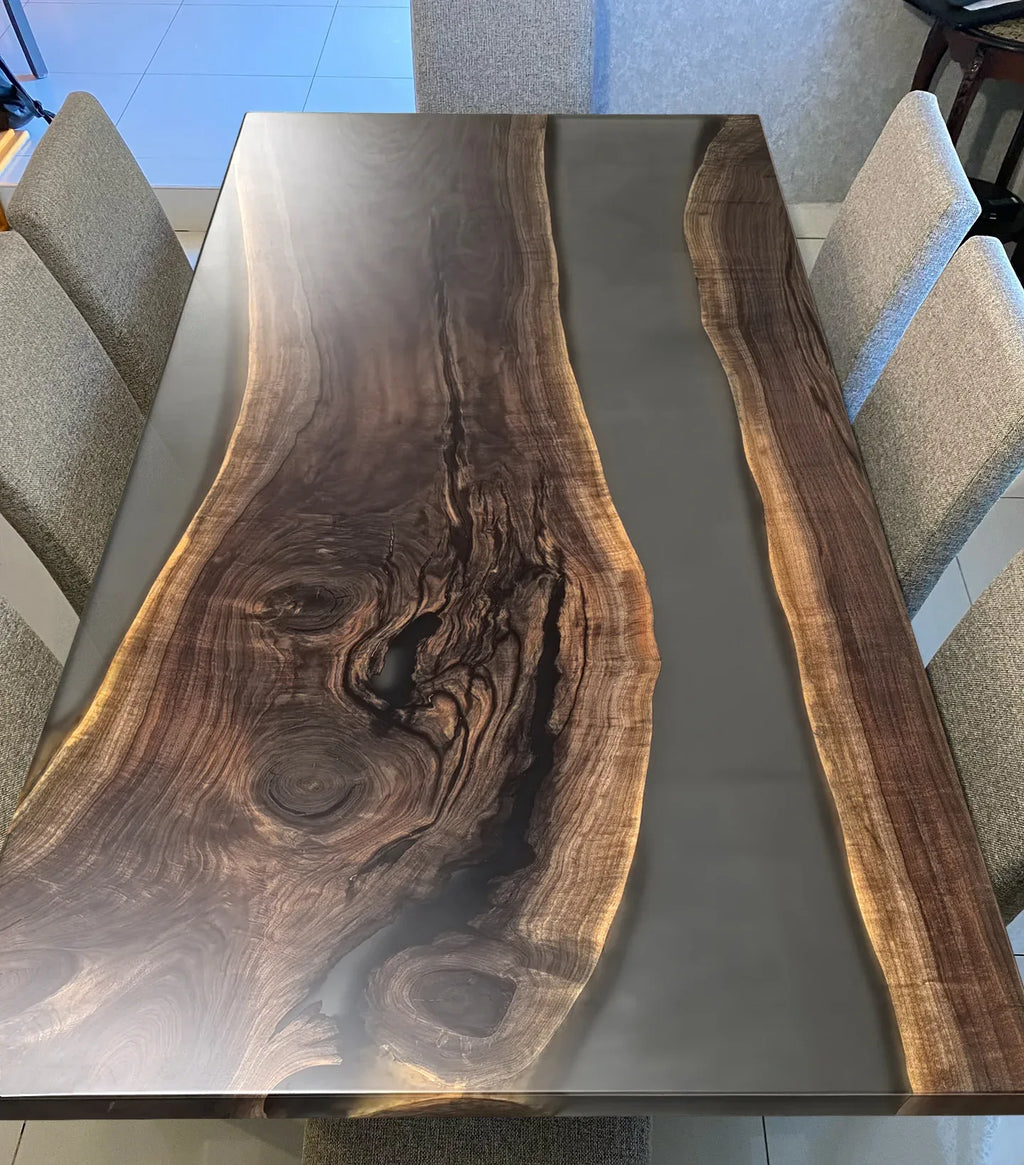 Luxury black walnut dining table with clear grey river dining table for 8-10 people - MOOKA FURNITURE
