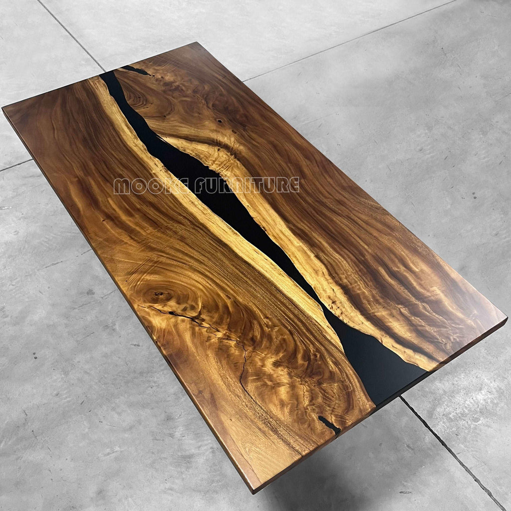 Graceful natural wood dining table with black epoxy gentle river table for 8 - MOOKA FURNITURE