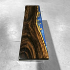 Stylish dining table with bench blue resin river natural pebbles rocks leaf handmade table and bench for 6 people