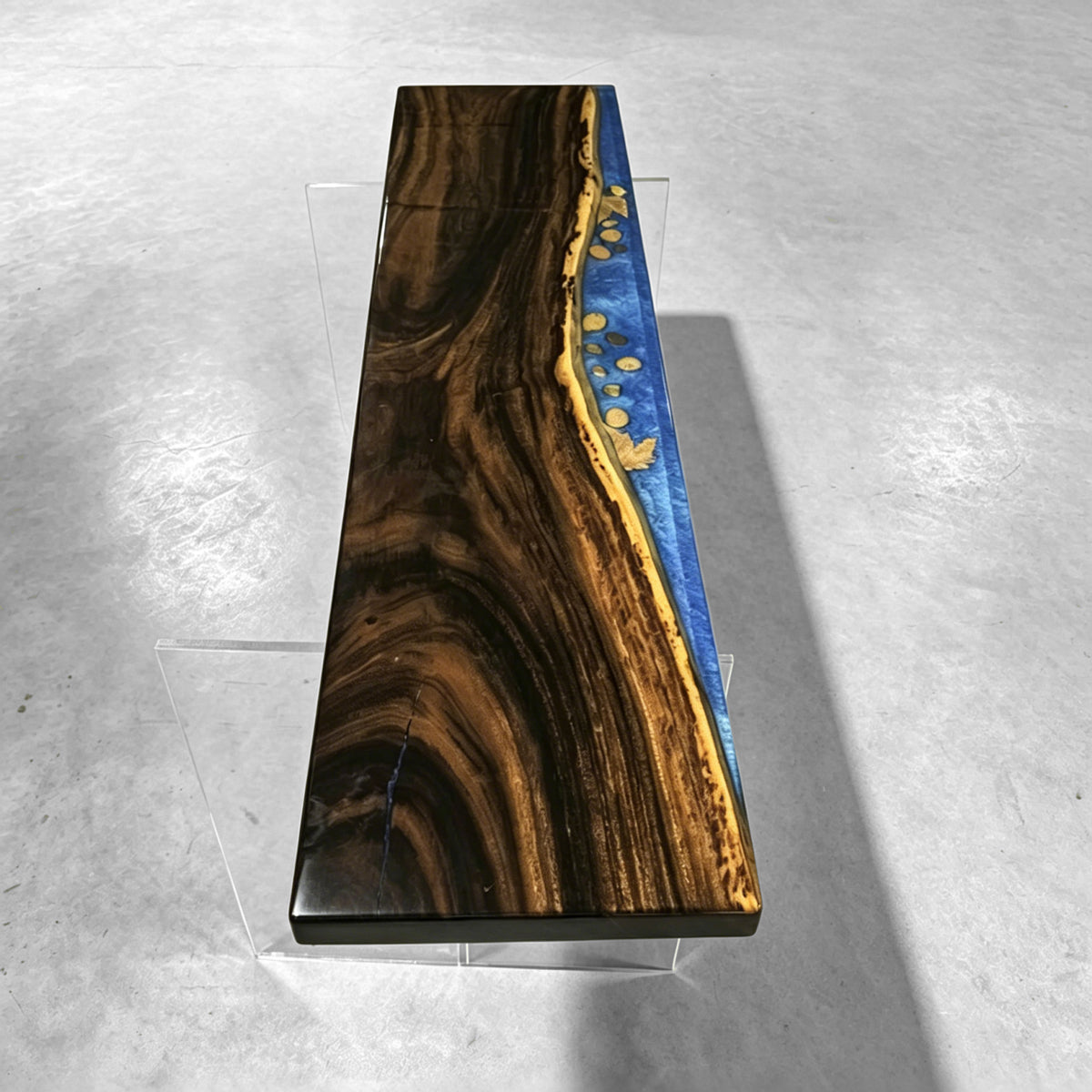 Stylish dining table with bench blue resin river natural pebbles rocks leaf handmade table and bench for 6 people