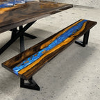 Stylish wood bench with blue resin river natural pebbles rocks leaf handmade bench - MOOKA FURNITURE