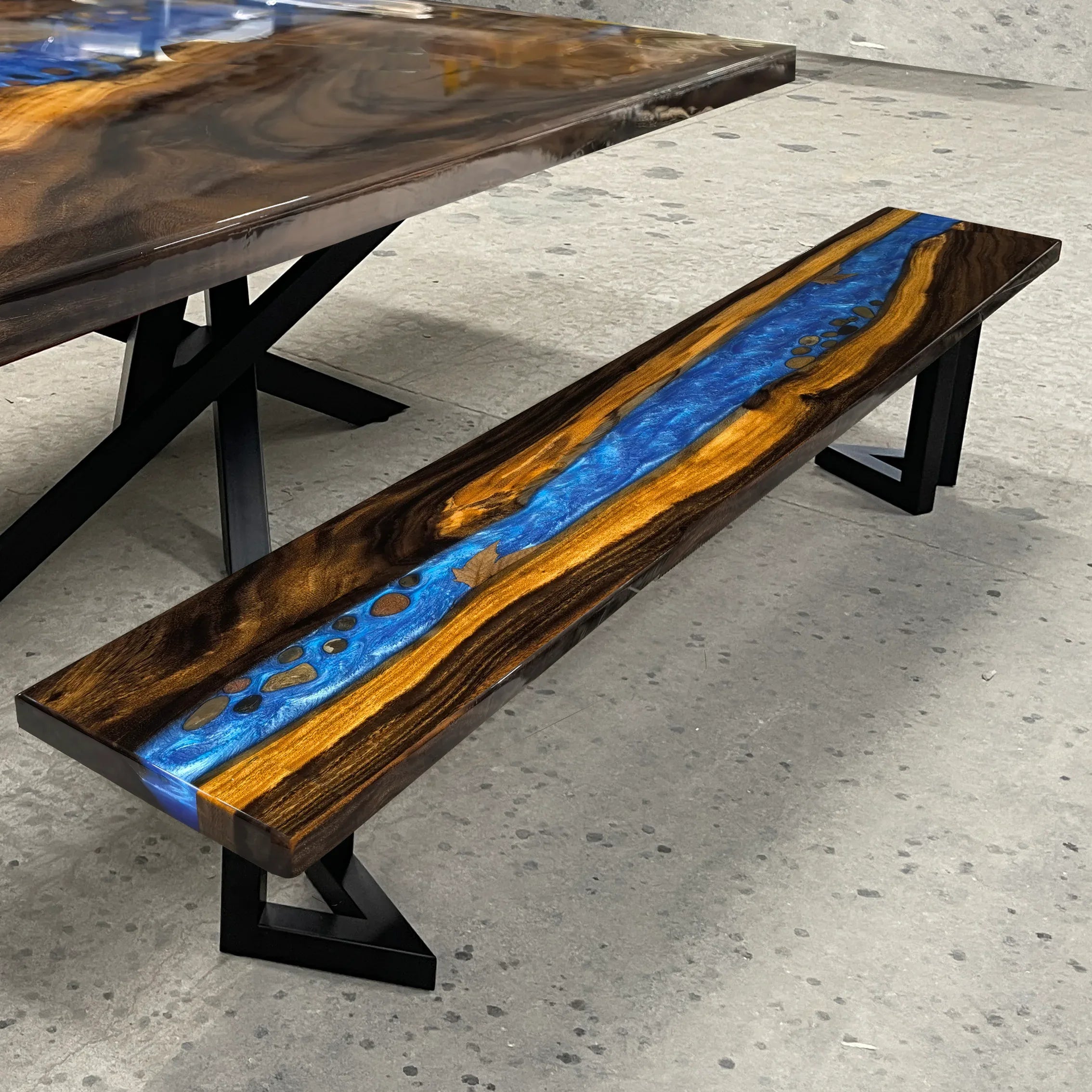 Stylish wood bench with blue resin river natural pebbles rocks leaf handmade bench - MOOKA FURNITURE