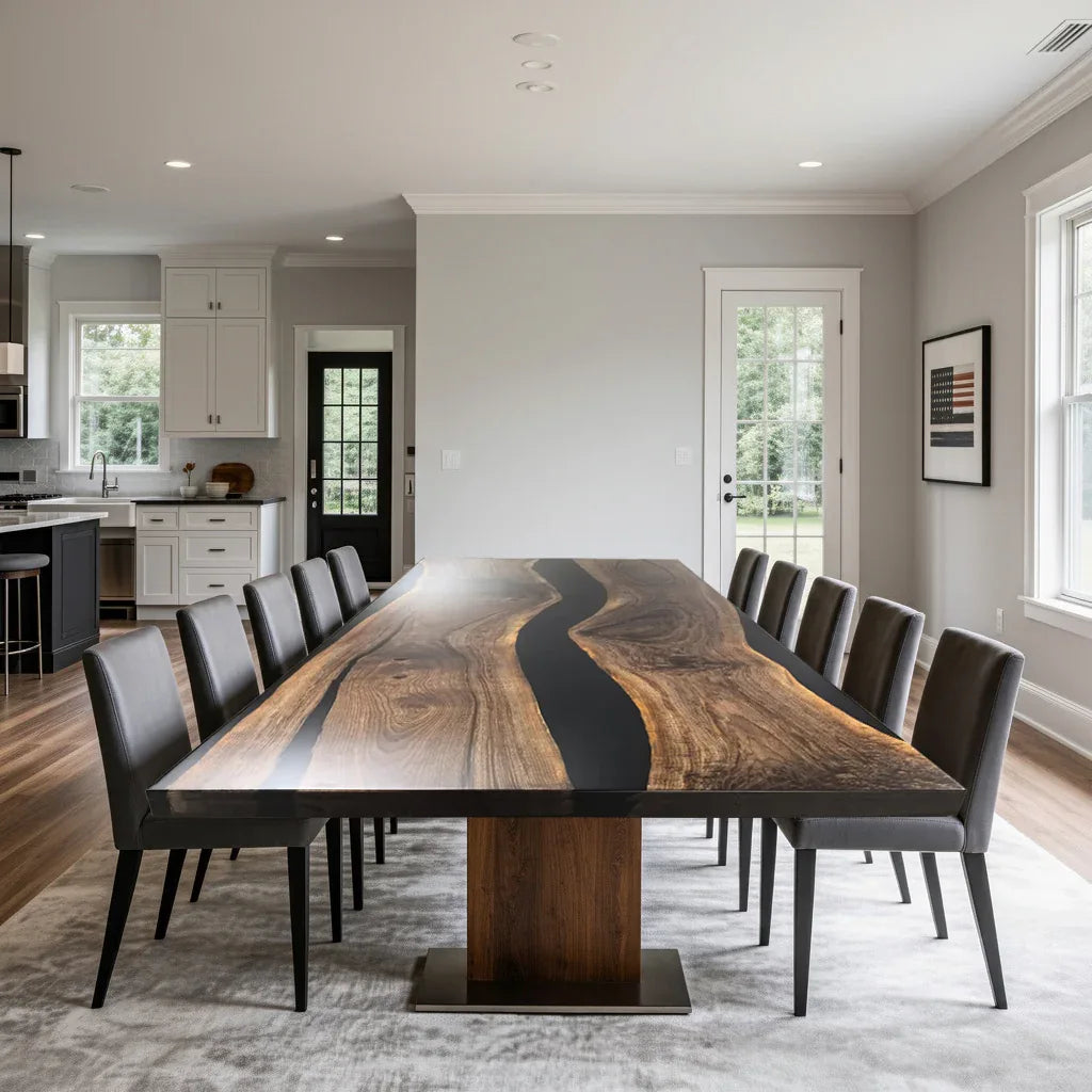 Large size live edge dark walnut wood dining table for 12 people custom made 12foot river table - MOOKA FURNITURE