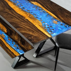 Dining table with blue resin river natural pebbles rocks leaf handmade table for 6 people - MOOKA FURNITURE
