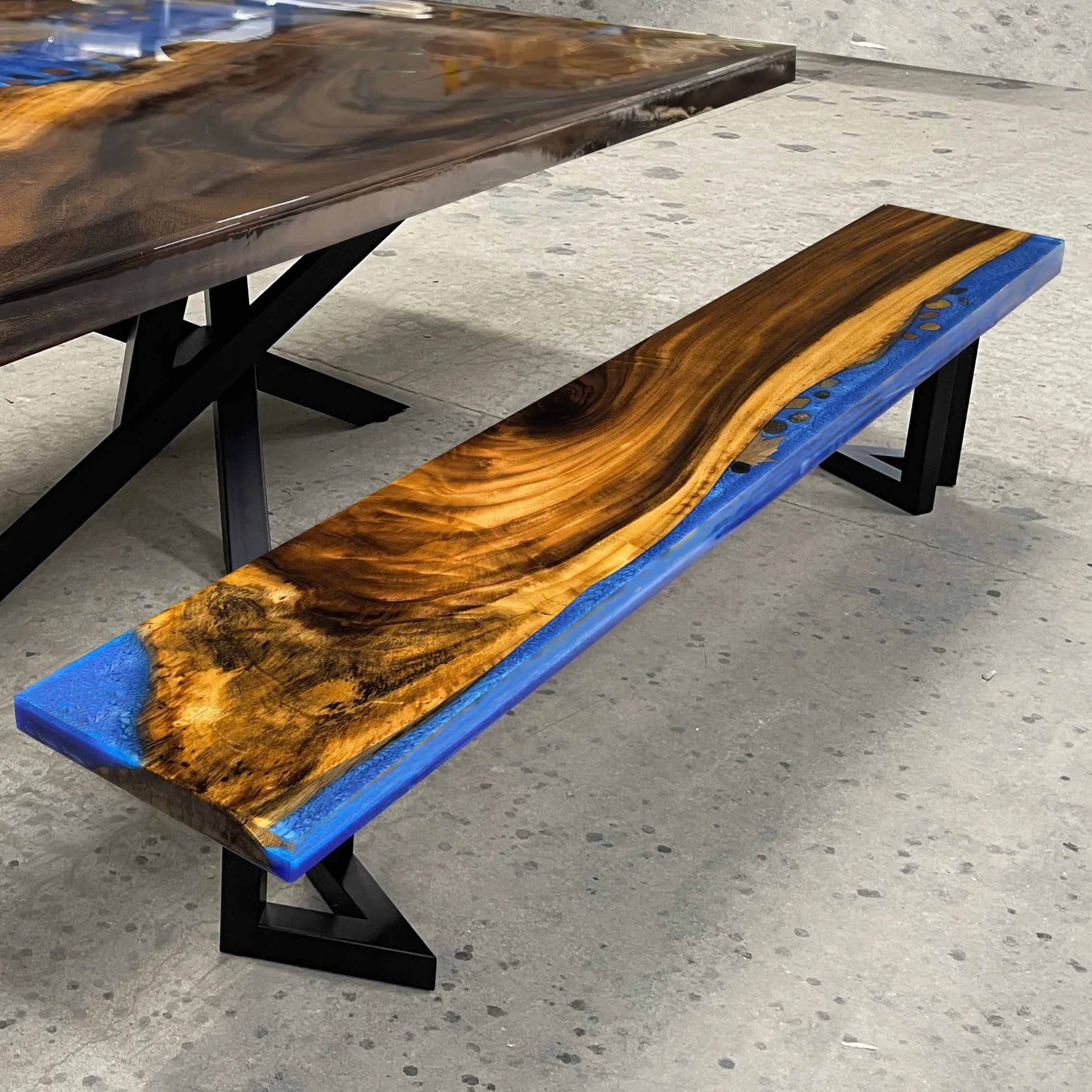 Stylish wood bench with blue resin river natural pebbles rocks leaf handmade bench - MOOKA FURNITURE