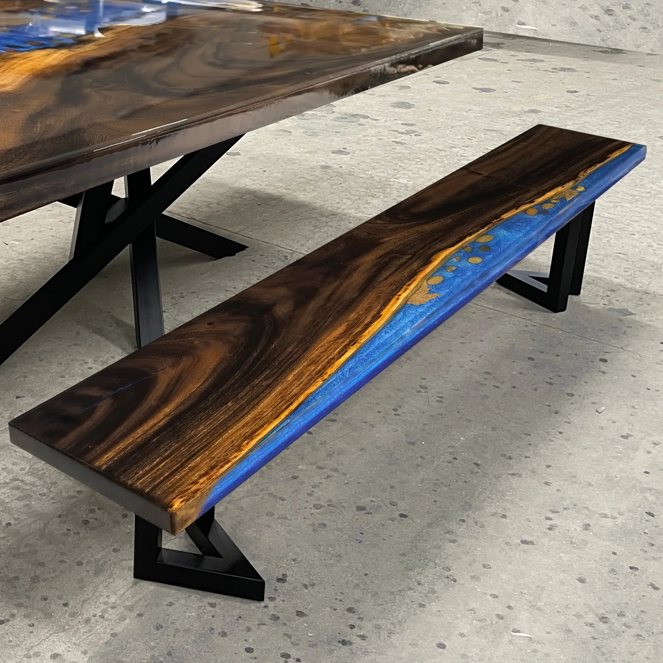 Stylish wood bench with blue resin river natural pebbles rocks leaf handmade bench - MOOKA FURNITURE