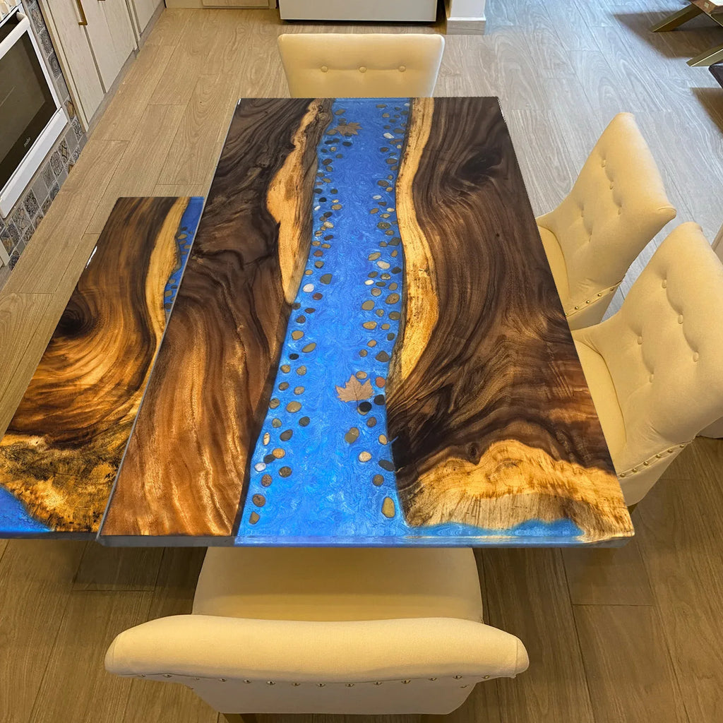Stylish dining table with blue resin river natural pebbles rocks leaf handmade table for 6-8 people - MOOKA FURNITURE