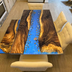Stylish dining table with blue resin river natural pebbles rocks leaf handmade table for 6-8 people - MOOKA FURNITURE