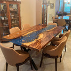 Stylish dining table with blue resin river natural pebbles rocks leaf handmade table for 6-8 people - MOOKA FURNITURE