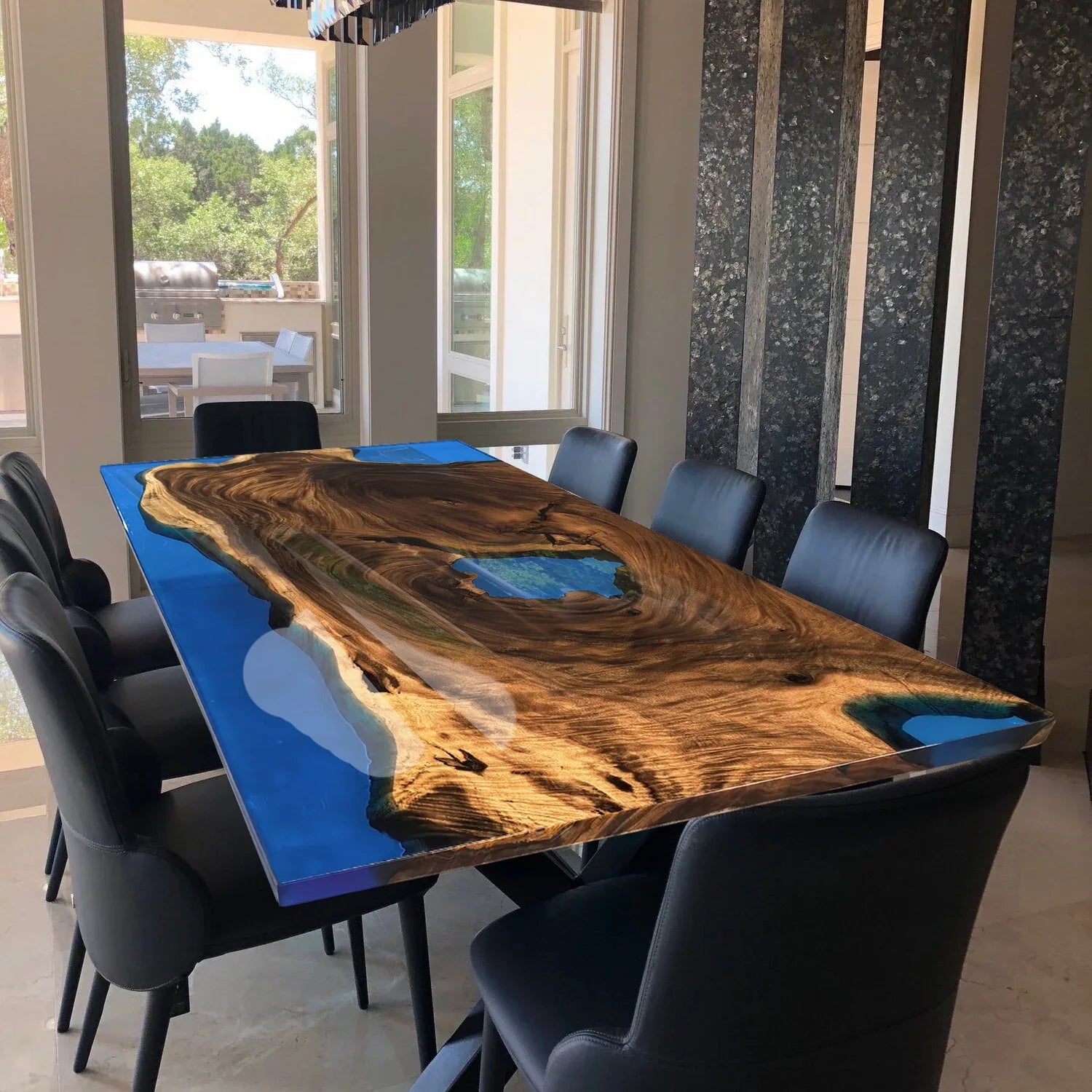 Coastal style table blue epoxy river table 8-10 seating dinner table - MOOKA FURNITURE