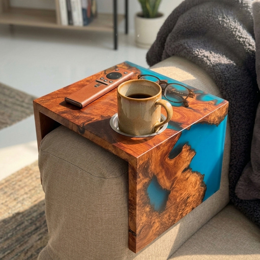Handmade exotic burl  wood sofa armrest tray  waterfall design couch cup holder best gift for the one you love