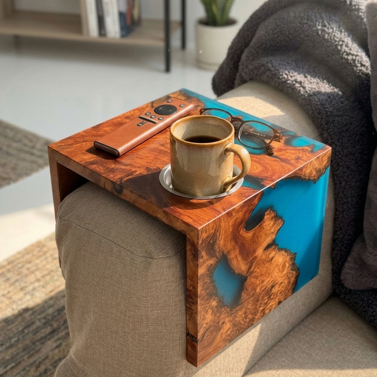 Handmade exotic burl  wood sofa armrest tray  waterfall design couch cup holder best gift for the one you love