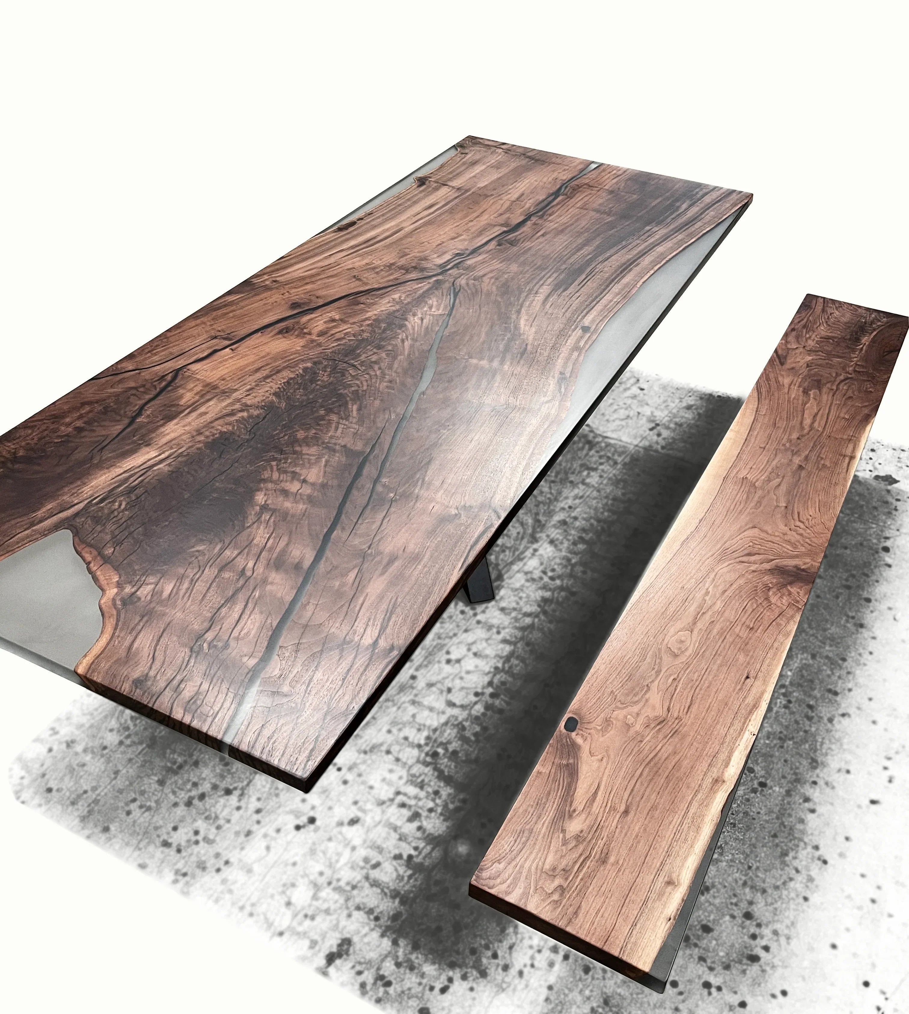 Custom made single piece black walnut slab dining table set with bench and bases - MOOKA FURNITURE