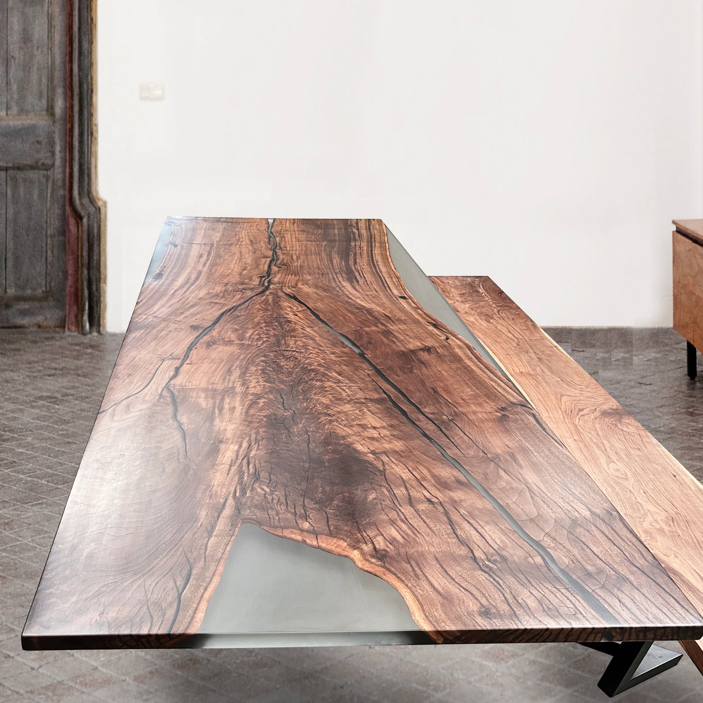 Custom made single piece black walnut slab dining table set with bench and bases