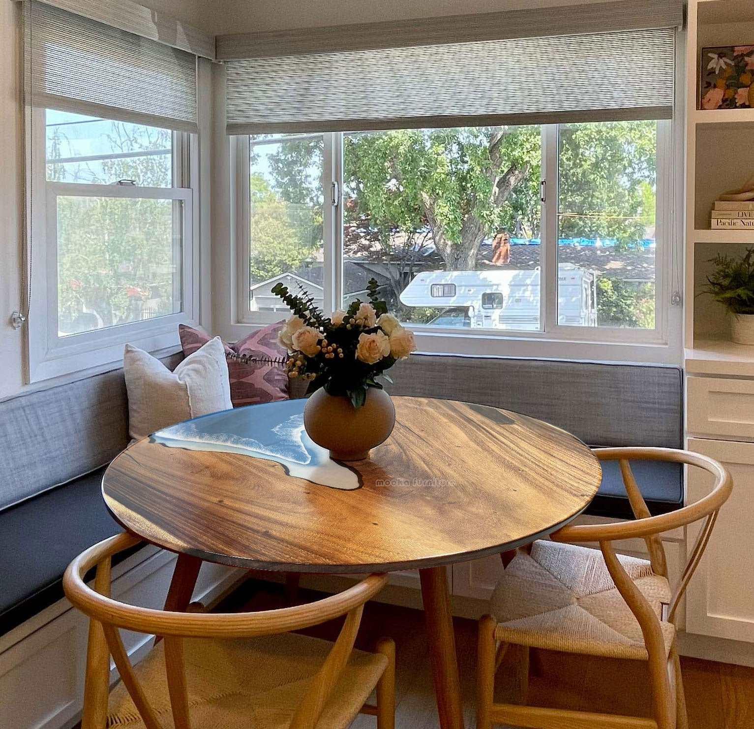 Stunning ocean scene epoxy wood breakfast nook table for 4 people - MOOKA FURNITURE