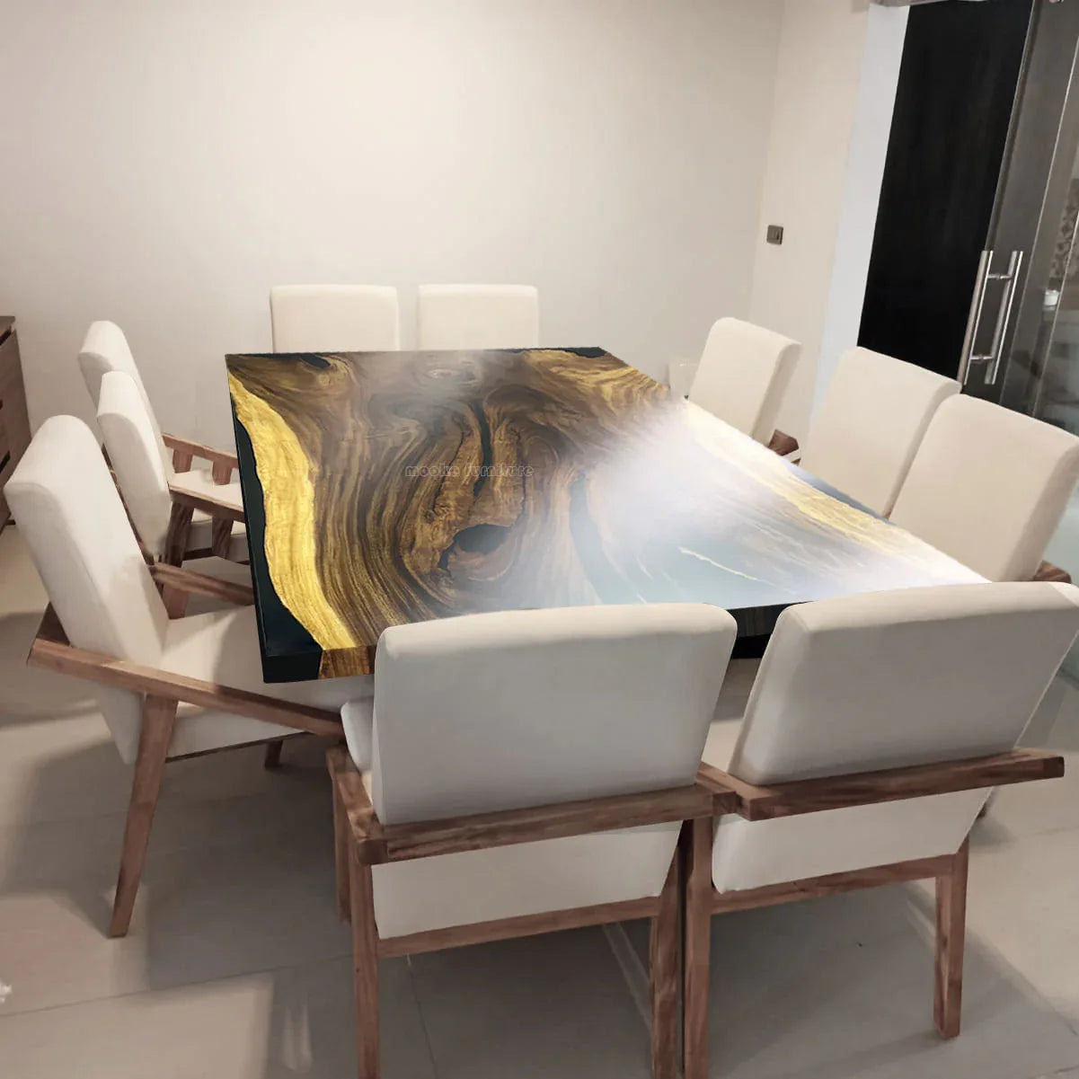 Extra wide dining table in single piece of wood and black epoxy for 8-10 people - MOOKA FURNITURE