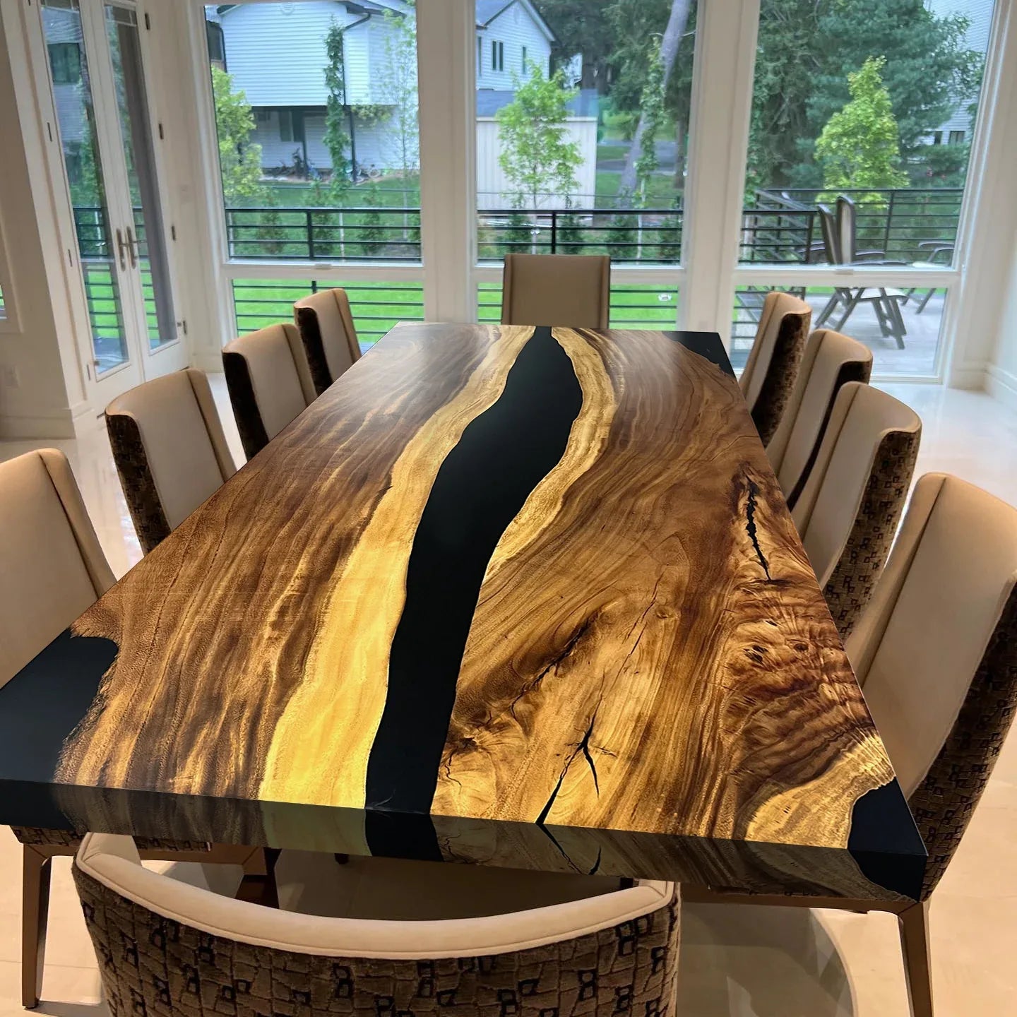 Unique black epoxy river table natural wood dining table for 10 people - MOOKA FURNITURE