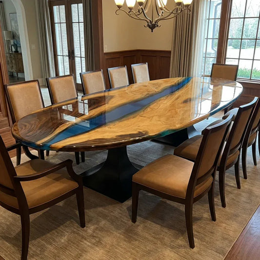 Light color blue resin river table large Luxury Oval dining table for 12 people - MOOKA FURNITURE