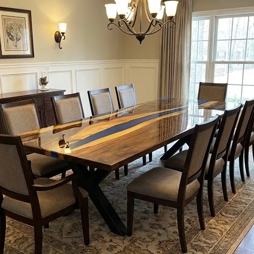 10 foot blue resin river table large wood dining table for 10-12 people