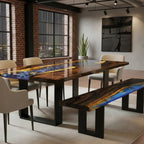 Dining table with blue resin river natural pebbles rocks leaf handmade table for 6 people - MOOKA FURNITURE