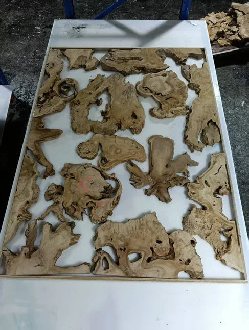 Custom made Set of 18 wood and transparent grey epoxy river Wall Art live edge Wall Decor for Mark Fischer - MOOKA FURNITURE